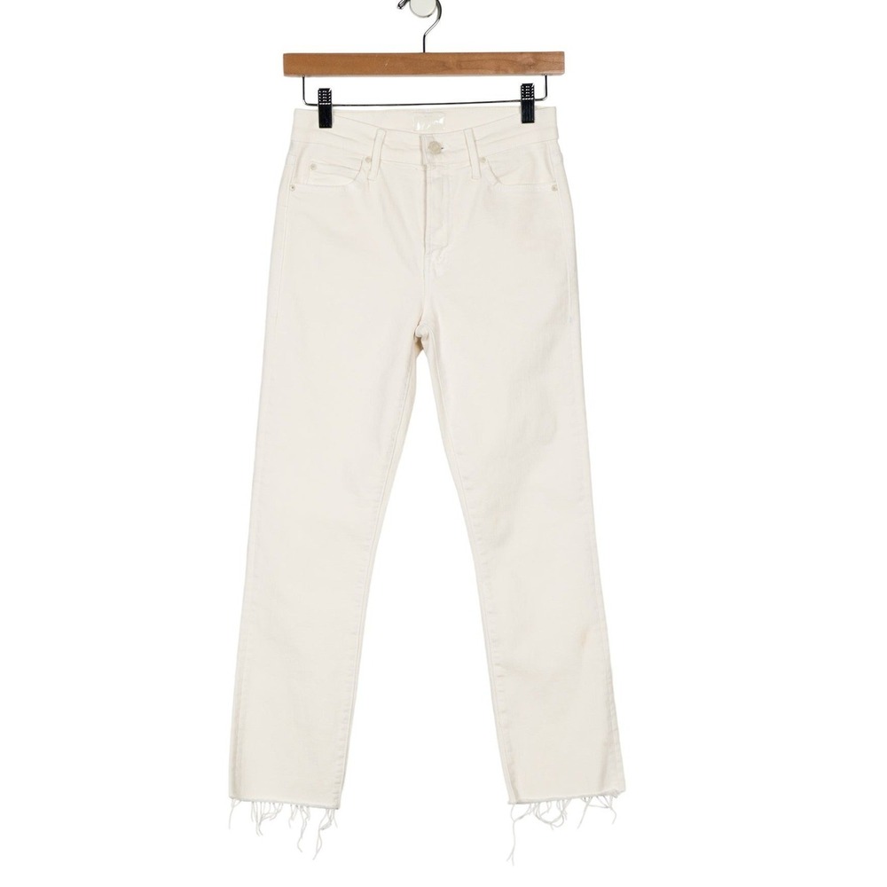 Mother Rascal Crop Ankle Fray Mid Straight Jeans‎ Distressed Cream Raw Hem 25